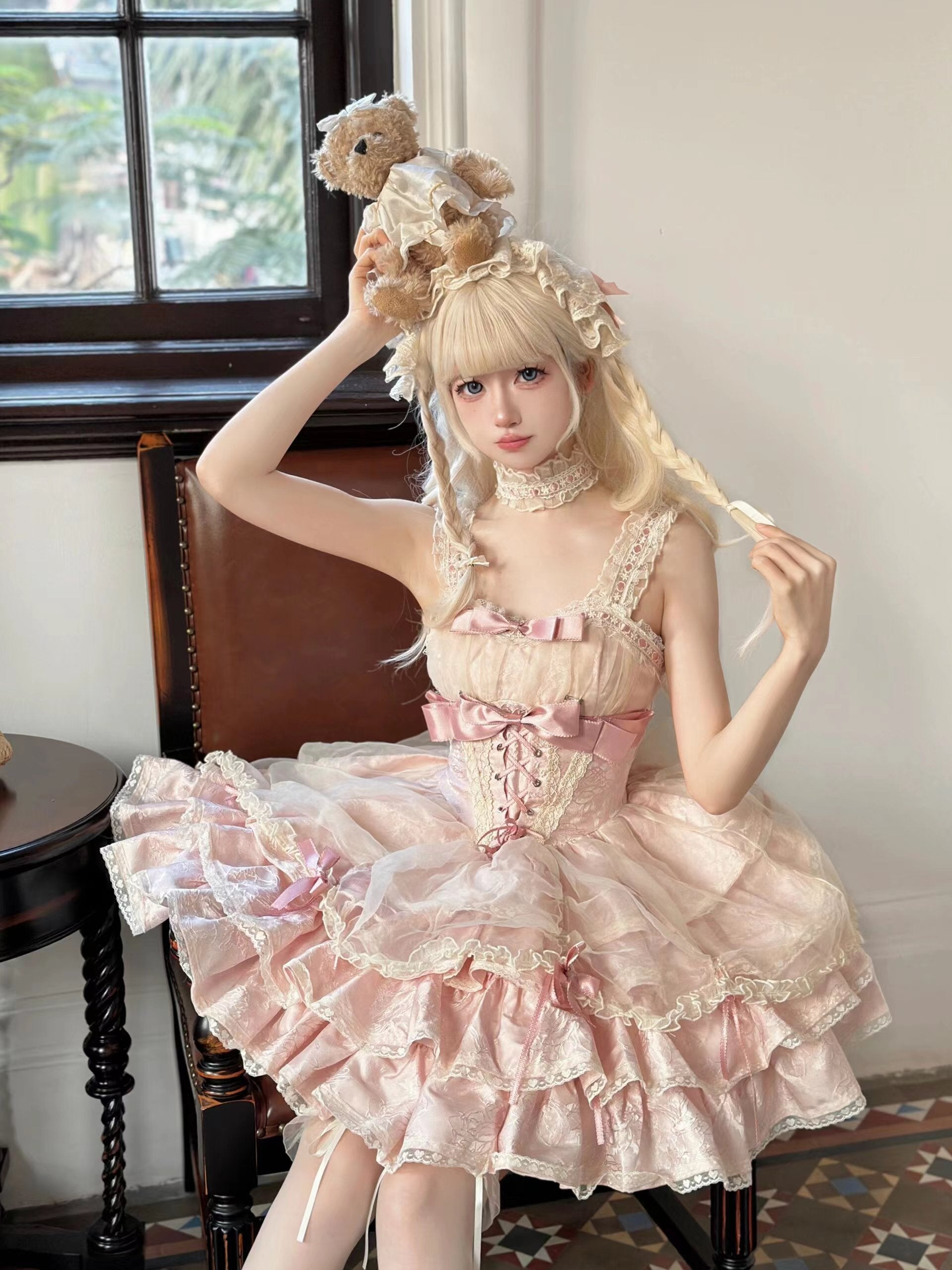 pink ruffle dress, detachable sleeve cocktail dress, kawaii party dress, layered organza gown